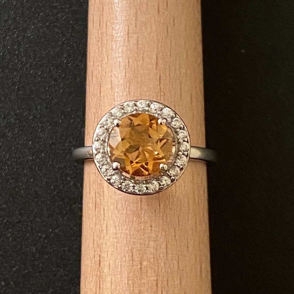 Yellow Citrine with CZ Halo, Sterling Silver Ring, Size 7.75